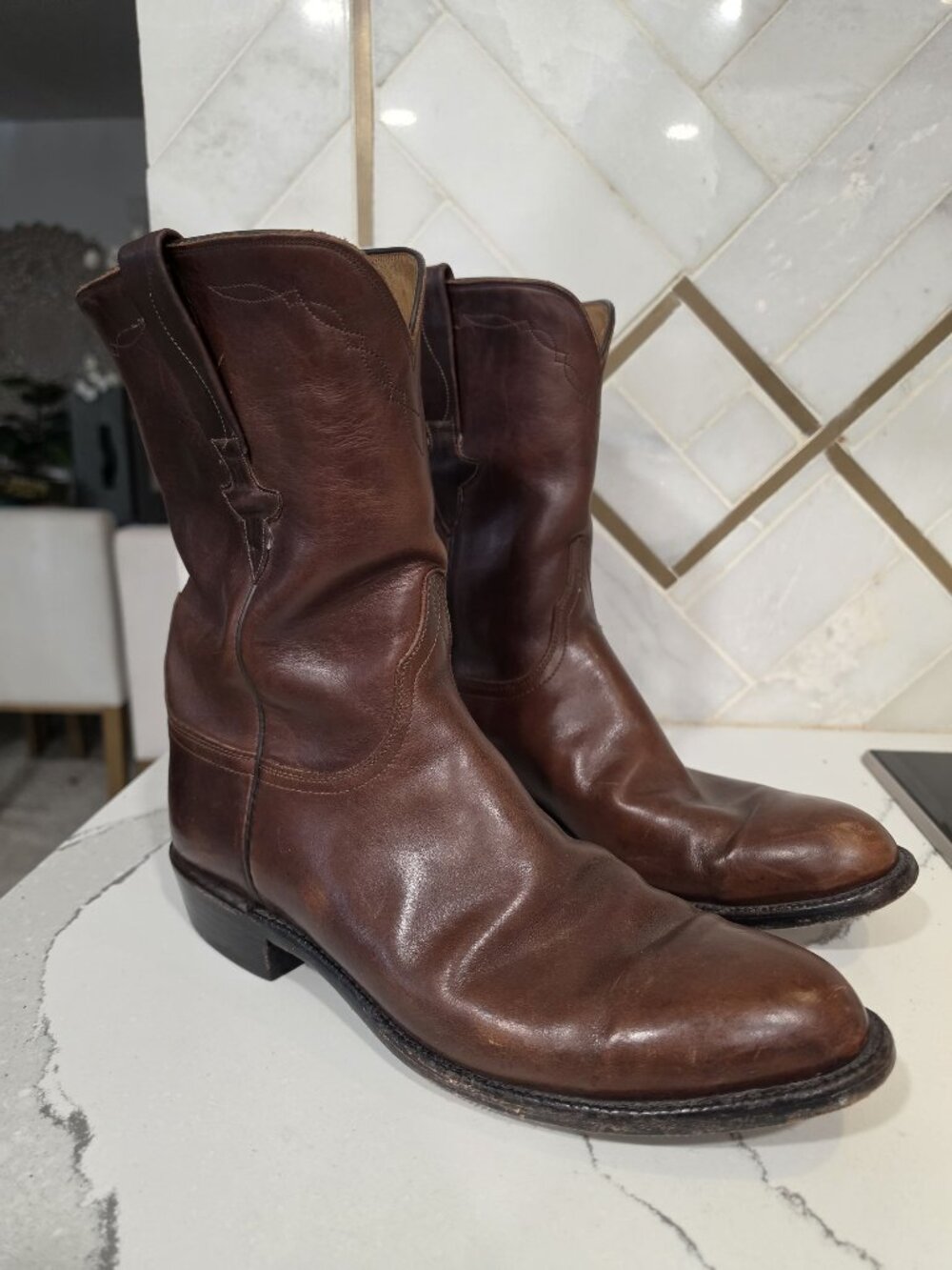 Lucchese Handmade Mens Brown Leather Western Roper Boots Size 11.5D USA cowboy
